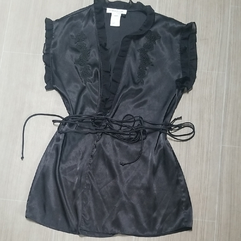 Intimo Black Satin Robe with Wrap Design